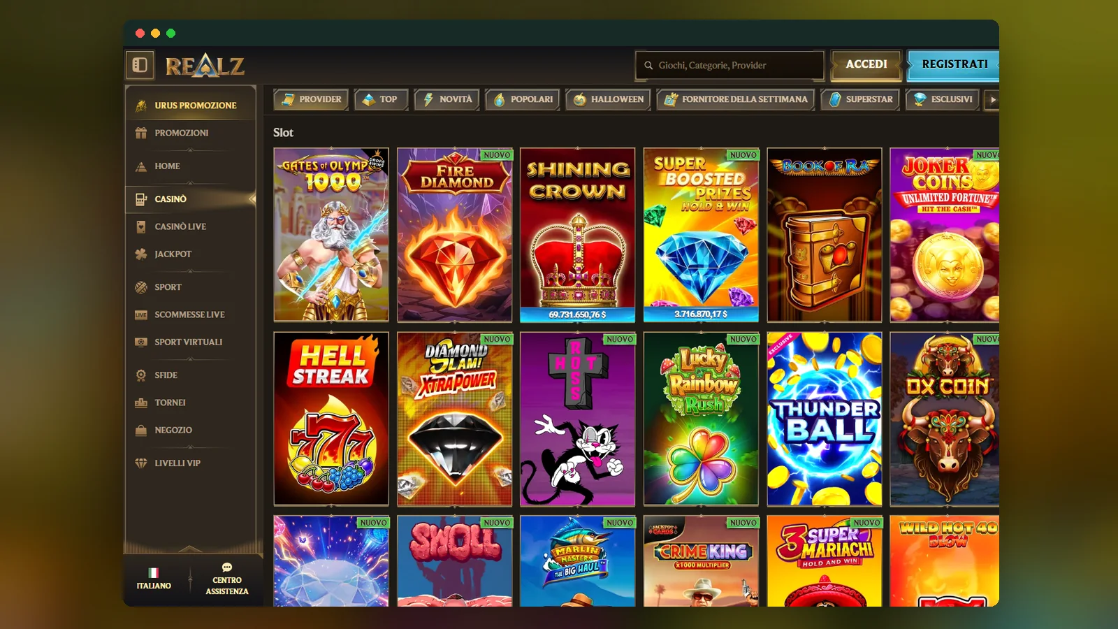 La lobby delle slot di Realz: copertine dei giochi in griglia e righe di filtri per categoria